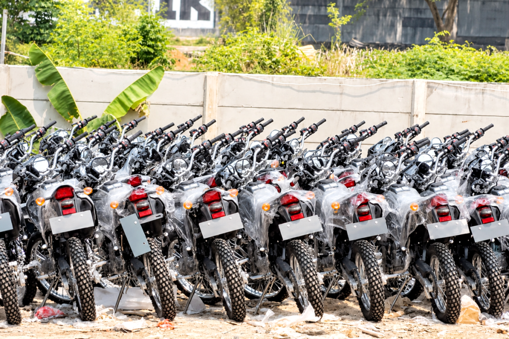 Deretan motor trail terparkir di lahan terbuka di Bekasi
